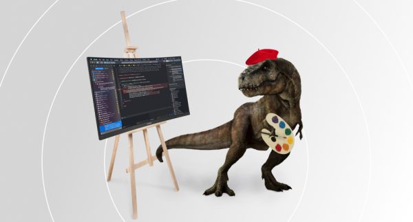 Tyrannosaurus rex stands in artist's beret with brush and paints in front of easel with React instead of canvas.