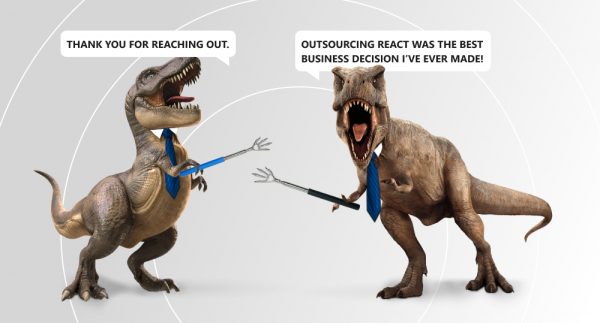 Two T-rexes in ties stand next to each other, shake hands, and talk about outsourcing ReactJS.