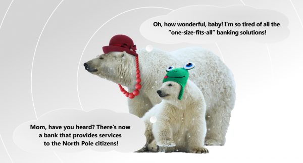 Mother polar bear and baby polar bear discuss neobanking services for citizens of North Pole.