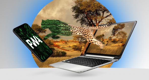 Cheetah jumping out of computer monitor into smartphone display that says PWA, making us wonder about progressive web app development cost