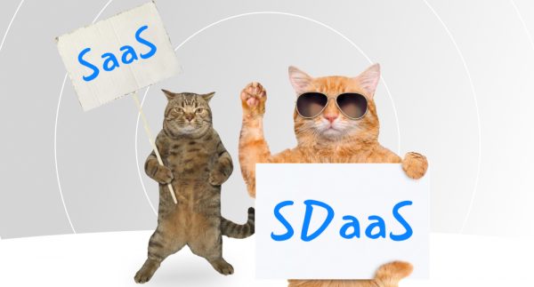One cat is holding a sign that says SDaaS, while the second cat represents a different approach - SaaS.