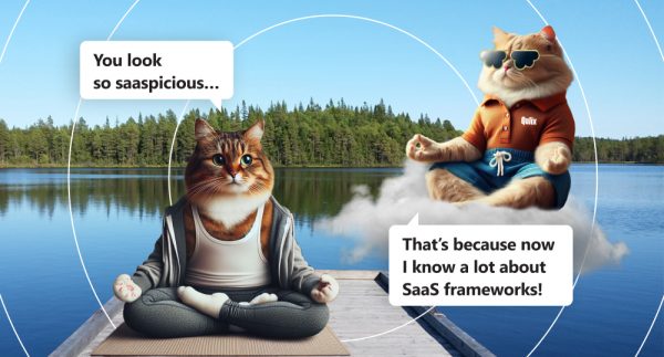 cat with green eyes sit cross legged near lake and forest in yoga suit and look at other cat in brown t shirt and cloud shaped sunglasses sitting on cloud