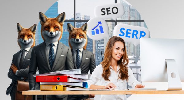 Happy girl working at her computer, optimizing her website with Umbraco SEO, three foxes in formal suits looking confidently in the future