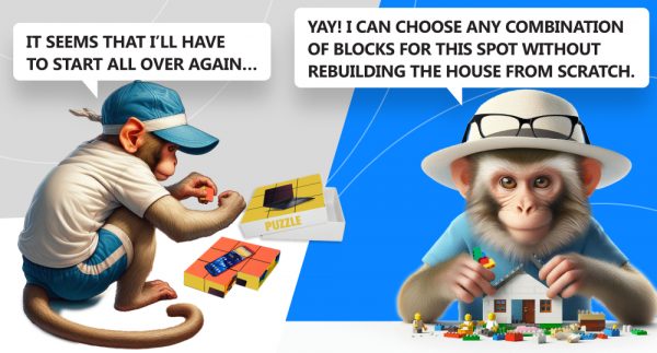 monkey in blue shorts white t shirt and blue cap solve cube jigsaw puzzle that resemble monolithic systems while monkey in while monkey in hat and glasses play with lego blocks that remind of microservices architetural style