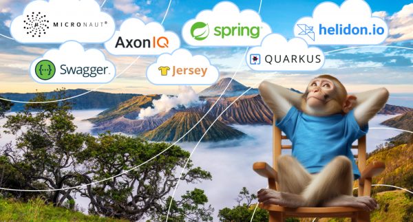 monkey sit in chair on java island relax and look at sky and see clouds with names of frameworks for architecture of microservices in Java