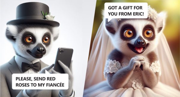 Lemur groom ordering delivery of red roses for his fiancée, smart drone delivering the flowers