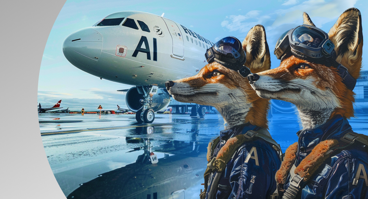Foxes-pilots next to plane think about AI in airline companies.