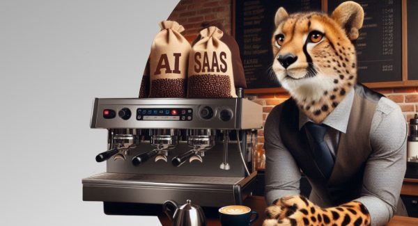 Cheetah barista stands next to two coffee bean bags that represent AI SaaS.