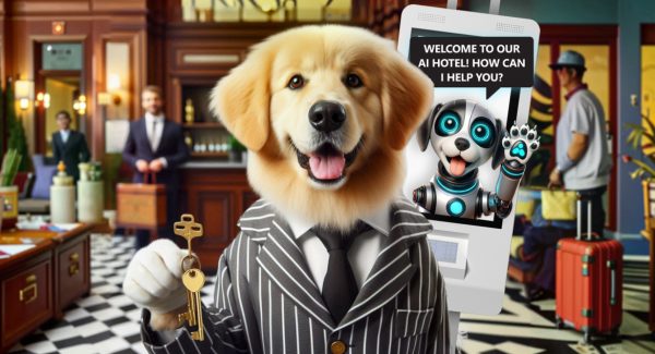 Concierge dog holding key, behind it is self-service kiosk with chatbot dog illustrating use of AI in hospitality, with a few tourists with suitcases in background