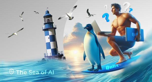 Man surfing AI sea with penguin and laptop in hand, trying to figure out what's best language for AI development