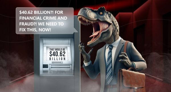 Dinosaur in suit next to ATM with stats.