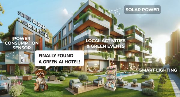 Super clean AI hotel, green, with solar power, power consumption sensors and dog enjoying its greener way of staying at hotel