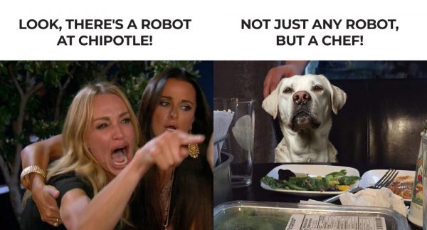 Popular meme with shouting woman and dog surprised that robot is chef at Chipotle