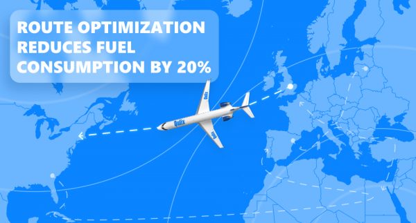 Plane on map with statistics of fuel consumption.