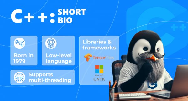 Infographics with penguin acting as C++ with short bio of programming language