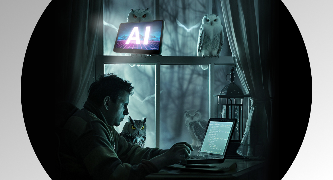 Tired developer sitting late at night at his computer, working on new software, owls sitting around, illustrating Generative AI in software development help, one with tablet in its beak labeled AI