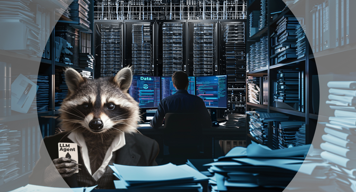 Raccoon showing a card of LLM agents, developer working on background, processing tons of data from thousands of databases