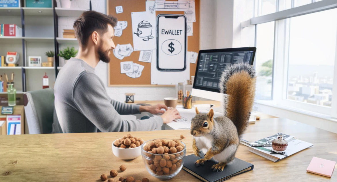 Developer creating digital wallet, squirrel sitting on his desk with jars of nuts and thinking how to create a digital wallet for storing all nuts