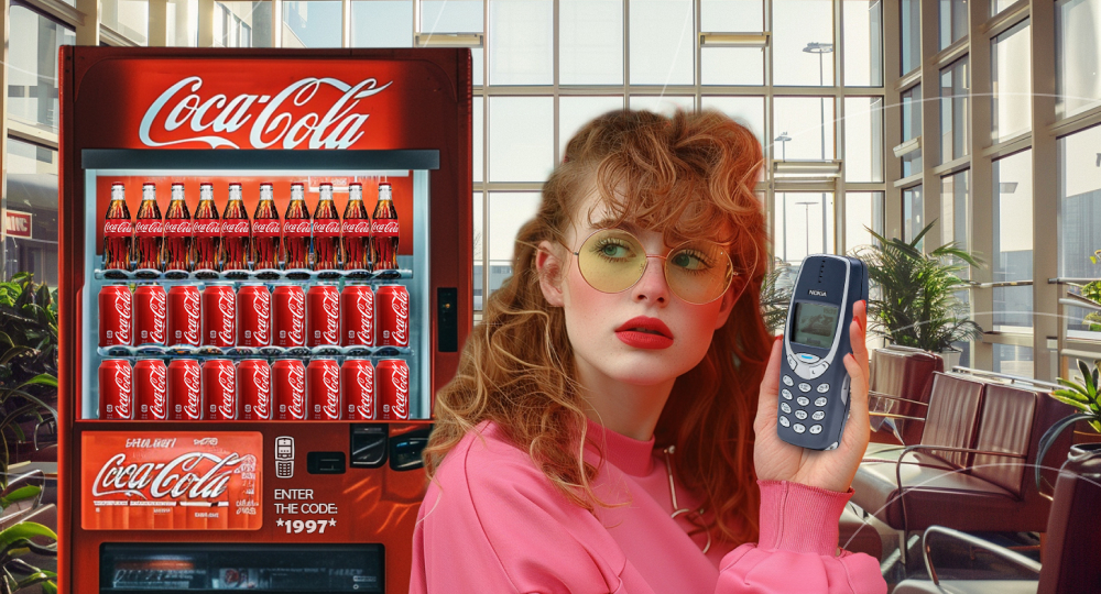 young woman in glasses with red curly hair and blue eyes hold cell phone to enter code written on coca-cola vending machine at helsinki airport to demonstrate first use case of electronic payments