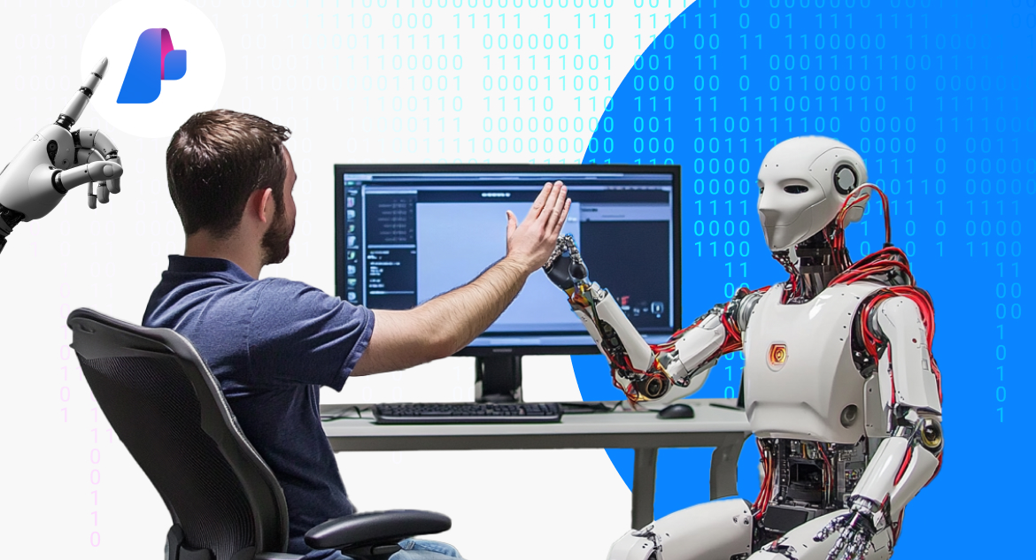 Man high-fiving artificial intelligence, trying to figure out what Copilot AI is, together they are sitting at a table