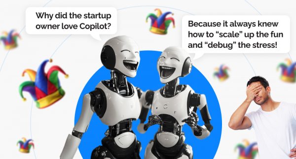 Two AI copilots chuckling at their own joke, human making facepalm because joke isn't funny