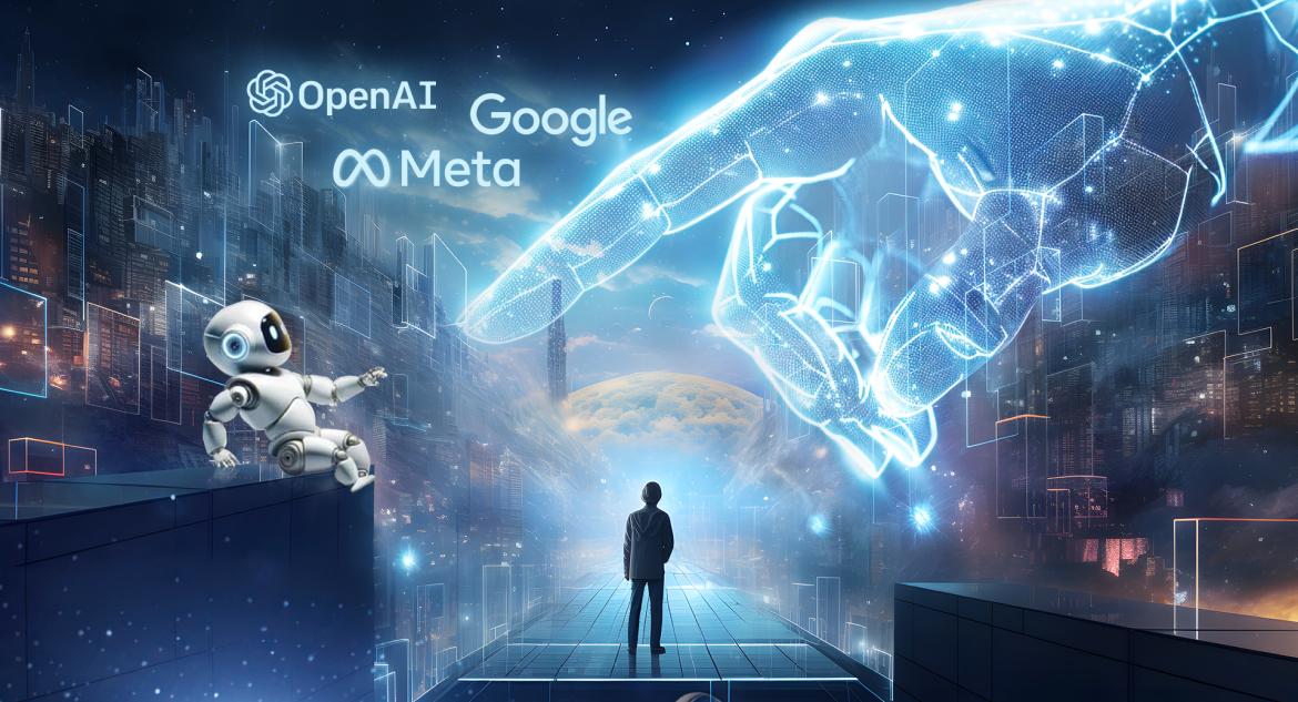 Man stands in digital universe surrounded by Meta, OpenAI, and Google logos.